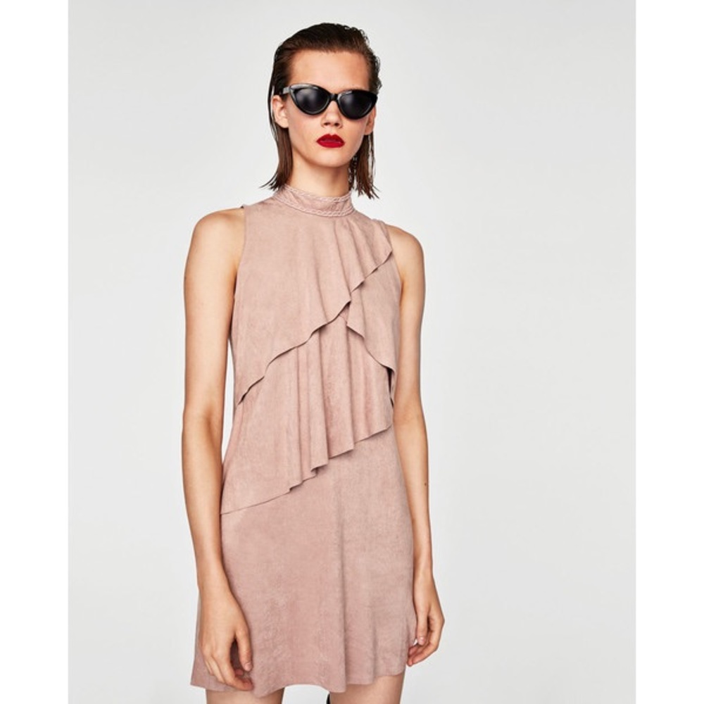 Zara Basic Collection Sleeveless Tiered Ruffle Dress Nude Blush size Large - Picture 3 of 10
